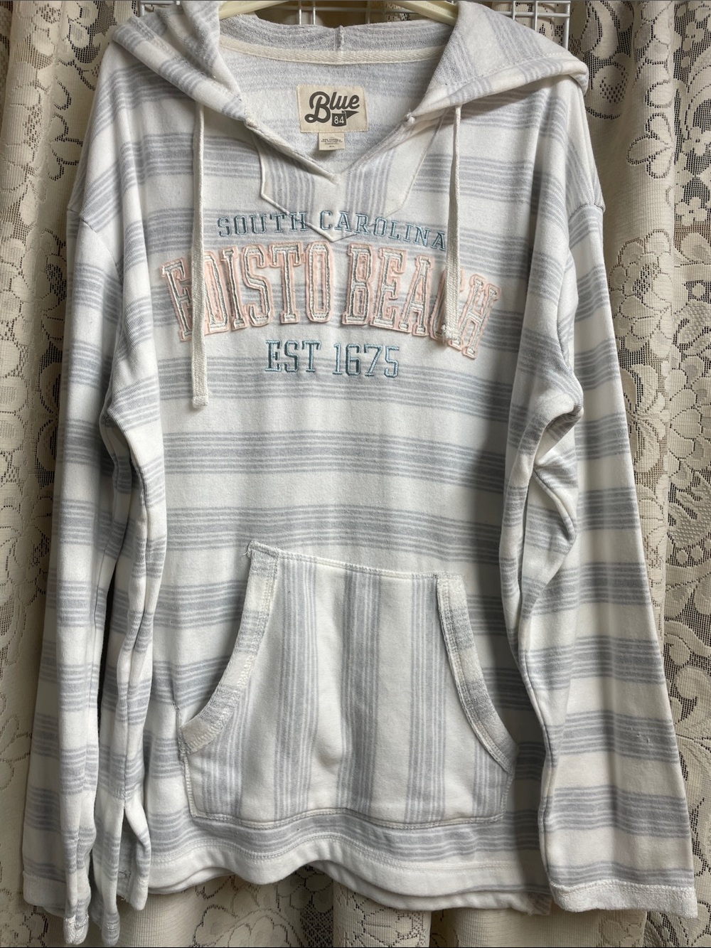 Men’s White & Light Gray Striped Crewneck Hoodie NWT XLG Blue 84